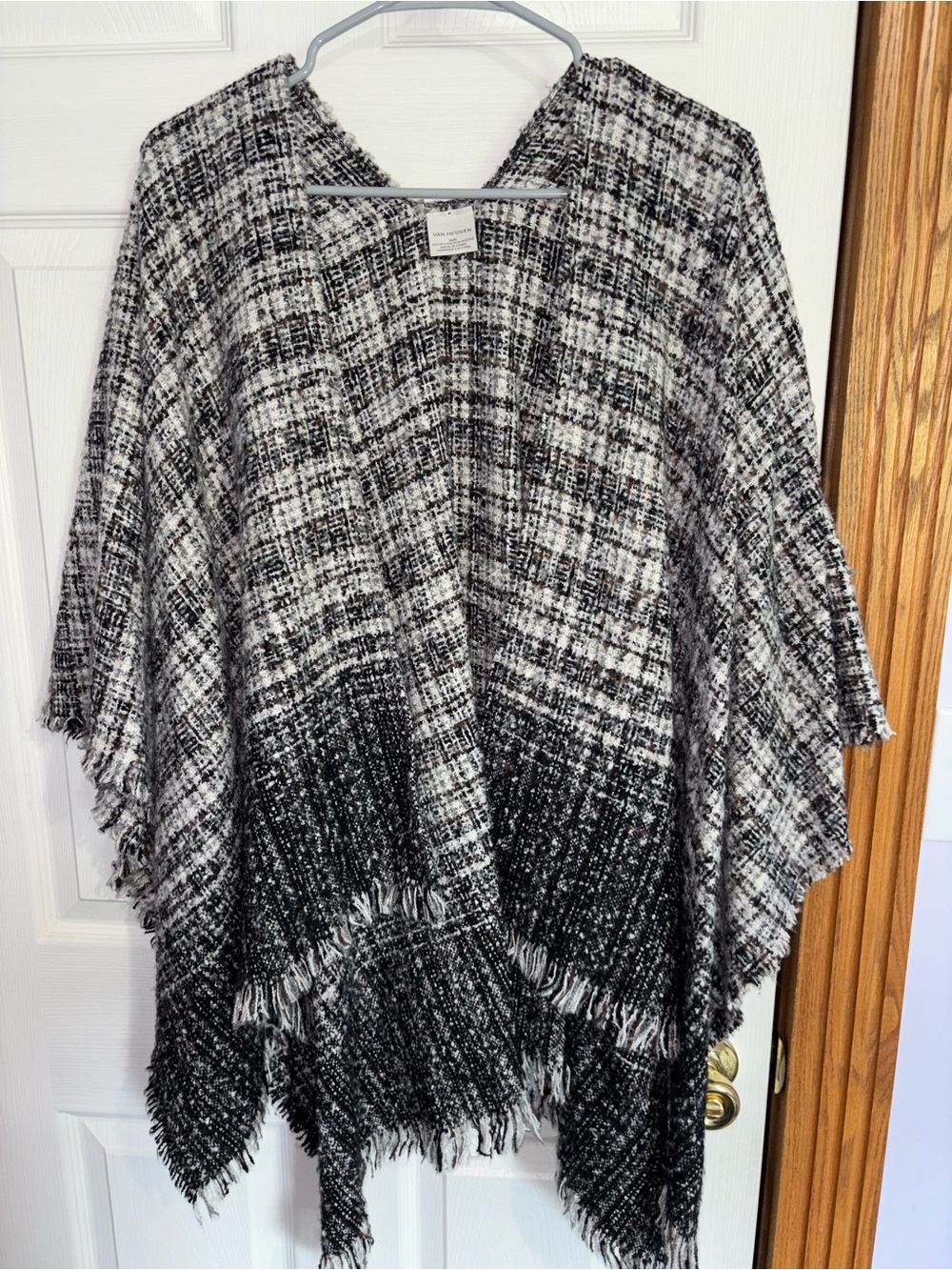 Van Heusen Black & White Plaid Fringe Poncho Sweater